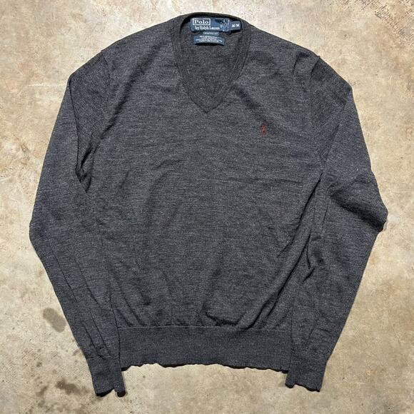 Vintage 90s Polo Ralph Lauren Grey Light Wool V-Neck Sweater - Picture 1 of 3